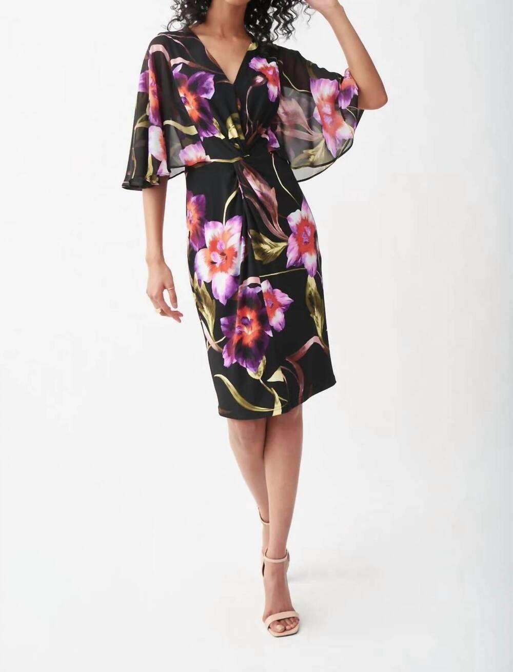NEW JOSEPH RIBKOFF elegant foiled chiffon overlay sheath dress in black/multi